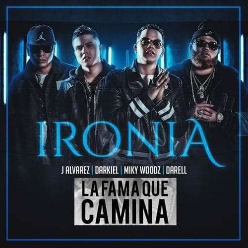 Album cover art for "Que Ironía" by J Álvarez & Miky Woodz & Darkiel & Darell