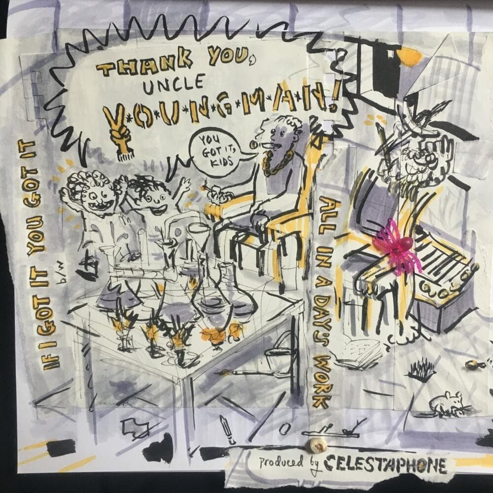 Album cover art for "ALL IN A DAY'S WORK" by Y*O*U*N*G*M*A*N + Celestaphone